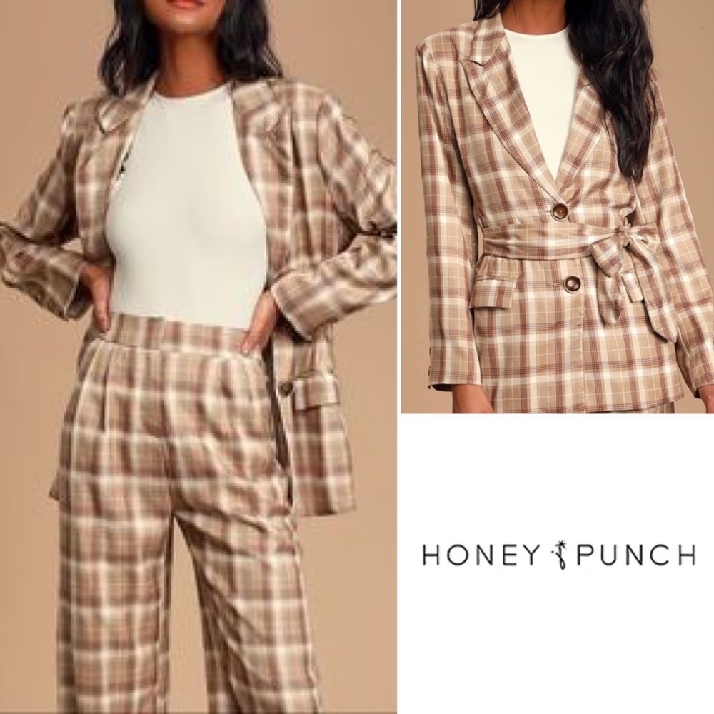 Honey Punch Cream And Brown Plaid Blazer With Belt